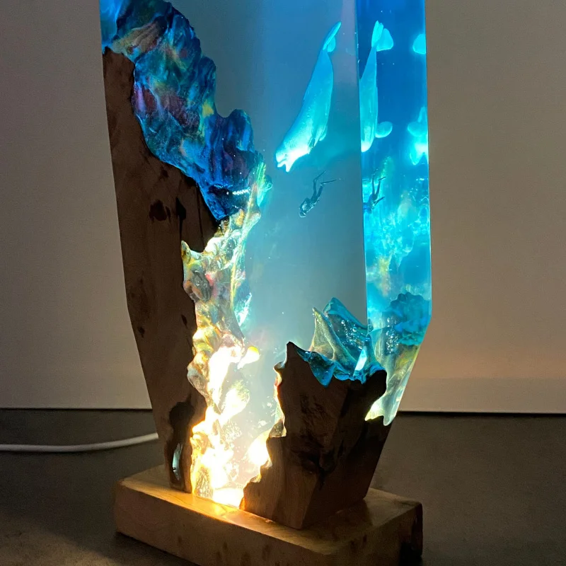 Dolphin Diver Theme Night Light Deep Sea Exploration Resin Wood Lamp Scuba Diving Design Unique Spring Gift