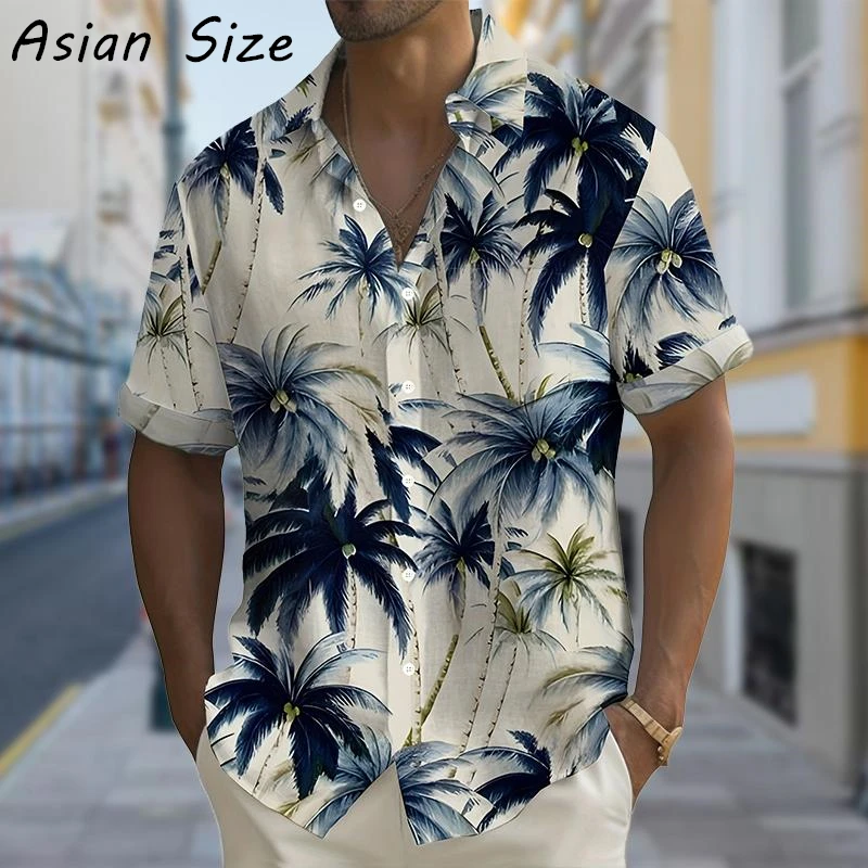 Hawaiian Shirt Man Coconut Tree Print Casual Tropical Beach Fashion Shirt Social Vintage Funny Oversized Clothes Lapel Shirts