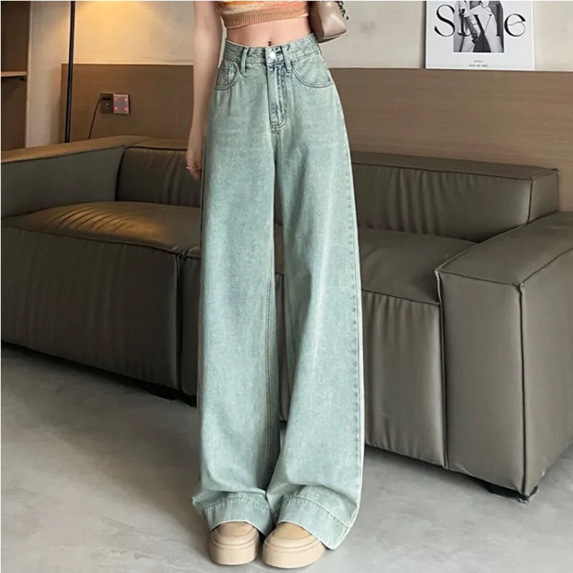 Internet Celebrity's Retro Washed Denim Pants for Women's Summer 2024 New High Waisted Draped Straight Leg Long Wide Leg Pants