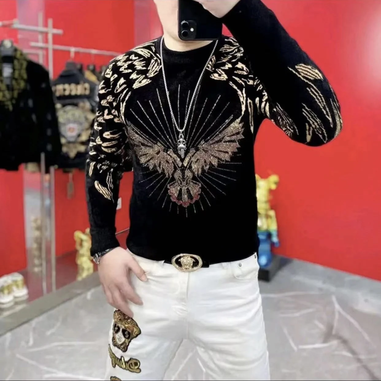 

Faionable Velvet Knitted round Ne Slim Fit Men's Sweater Eagle Rhinestone Winter New Arrival Youth Active Sle Long Sve