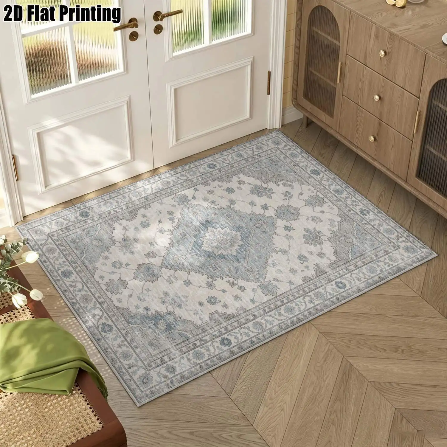 1Pc 2D Printed Carpet: Light Brown & Gray Retro Ethnic Patterns, European-Style, Machine Washable, Multi-Size, for Home Decor & Various Mats