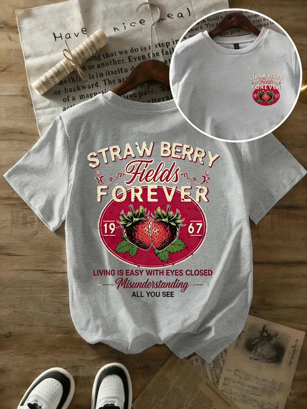 Straw Berry Fields Forever Printing T-Shirts Damen-T-Shirts aus Baumwolle für den Sommer, übergroße Oberteile, O-Ausschnitt, kurzärmeliges T-Shirt, Street Soft Tees