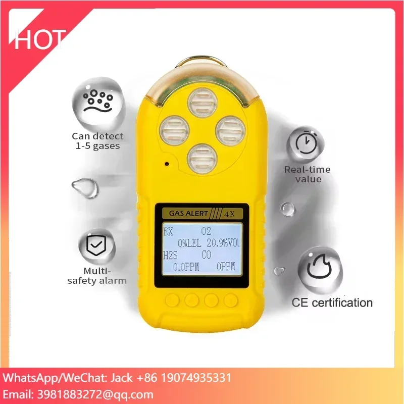 DUOTESI Tragbarer 4-in-1-Multigasdetektor O2 CO H2S Ex Methan-Gaserkennungsalarm, tragbarer Gasdetektor