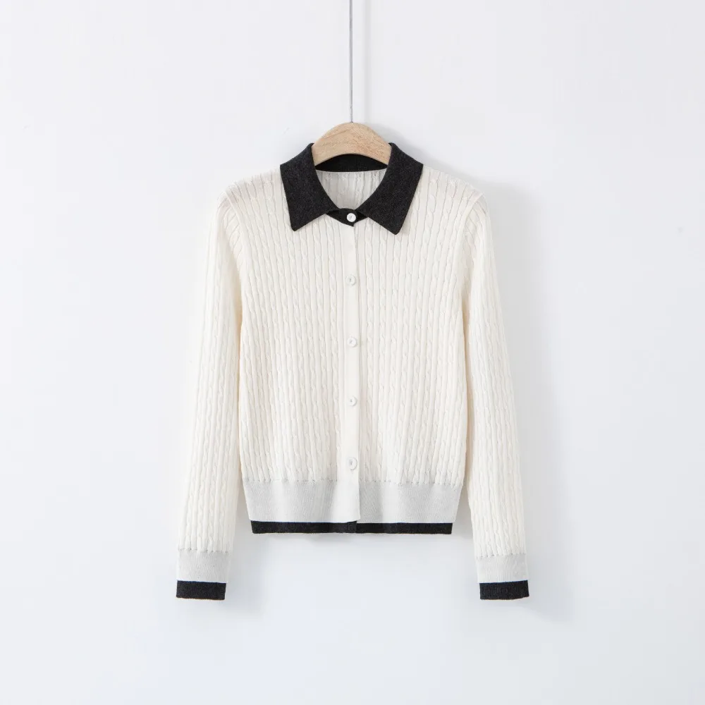 

Вязаный джемпер в полоску со вставками, новый простой кардиган с отложным воротником и длинными рукавами, японские универсальные повседневные лоскутные свитера