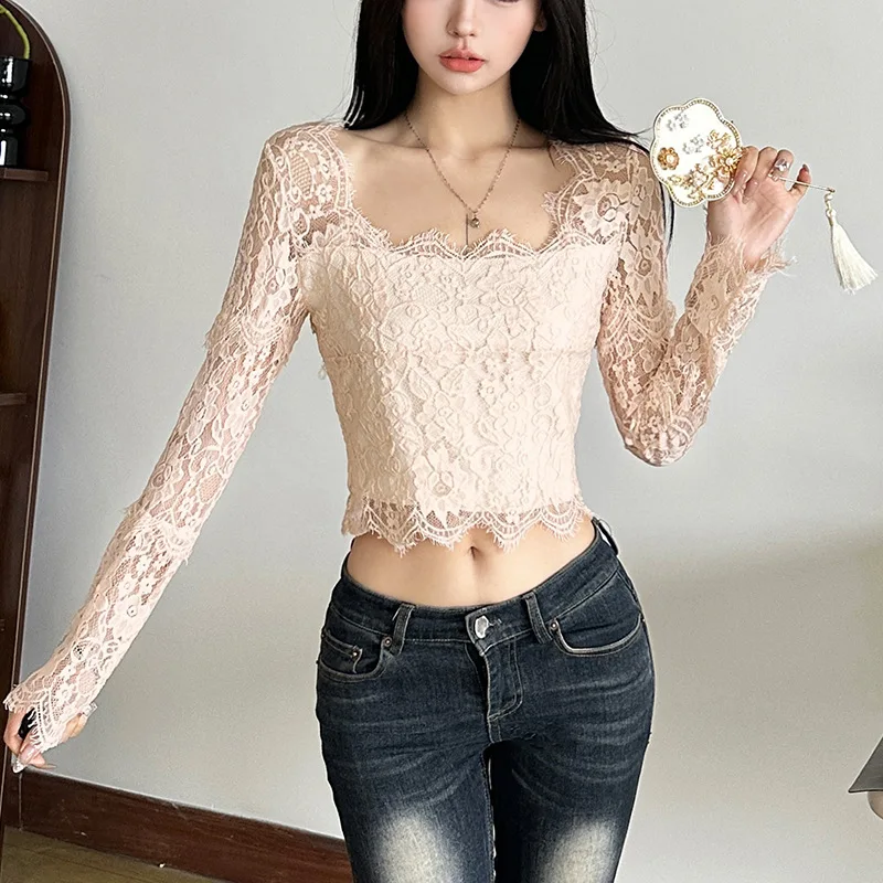 

Autumn and winter new square collar lace temperament style slim fit slimming waist cinching long sleeved t-shirt