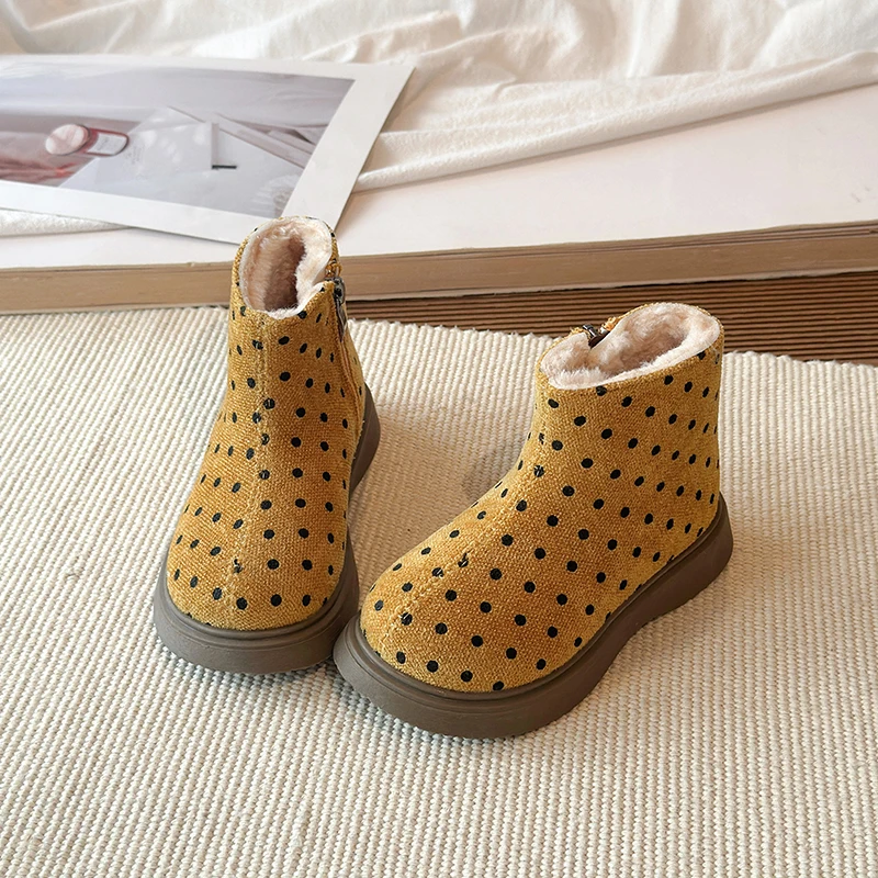 Autumn Winter Boys Girl's Boots Polka Dot Plush Warm Kid's Flat Shoe Solid Colors Anti-slip Daily All-match Chic Children Shoes