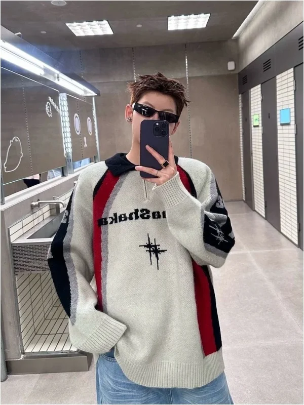 

Large Size Knitted Sweater with f Zip Collar And Color Blo Design for Men Winter Casual Vintage Sle Long Sve Top