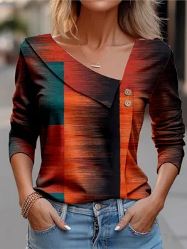 女性の新しい Tシャツ通勤 Tシャツプリントボタン長袖毎日の週末ファッション V ネック気質トップス女性の Y2k スタイル