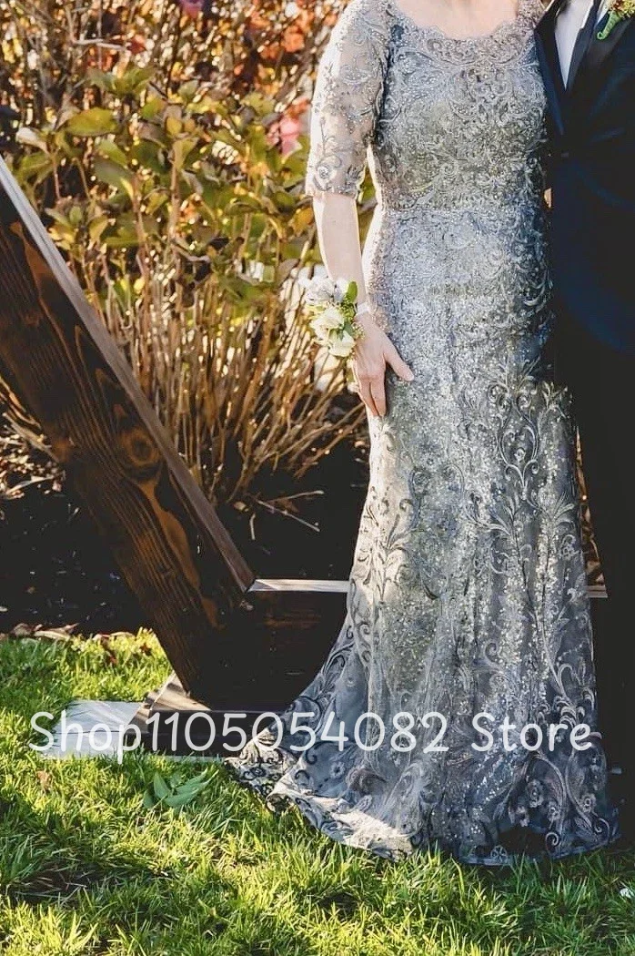 Abito da mamma scintillante elegante argento personalizzato girocollo mezza manica pizzo intarsio paillettes eleganti abiti da madre sposa linea A