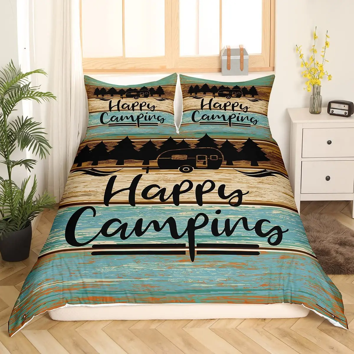 

Camping Bedding Set Twin King Full Size for Teens Adult Duvet Cover Happy Camping Comforter Cover 3 Pieces with 2 Pillowcase