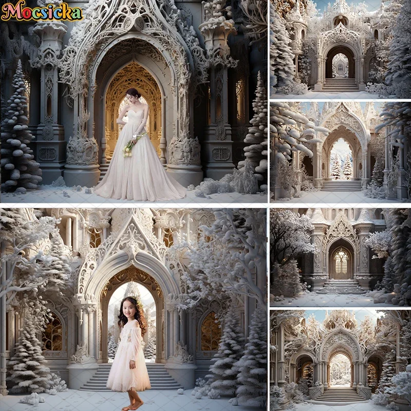 

Mocsicka Winter Castle Xmas Background Snowy Christmas Tree Forest Decor Children Adult Portrait Studio Photography Background