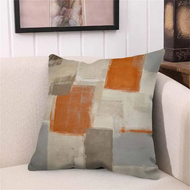Throw Pillow Covers Contemporary Brown Grey Beige Orange Abstract Painting Gray White Blocks Gallery Modern Pillow Case 18x18 In