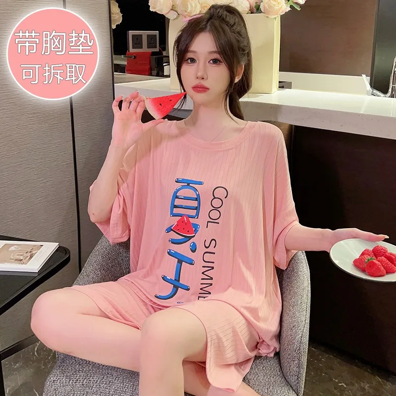 5XL Plus Size Two Pieces Short Sleeve Pajamas with Chest Pads Summer Loose Loungewear Set Korean Sweet Students Home Clothes