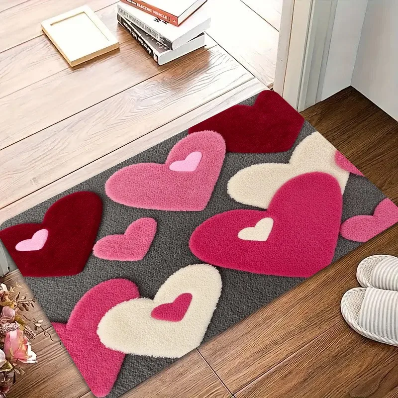 3D Flocking Multi Tone Heart Shaped Pattern Doormat Entry Sweet Rug Anti Slip Floor Mat For Girls Room Indoor Entry Daily Use