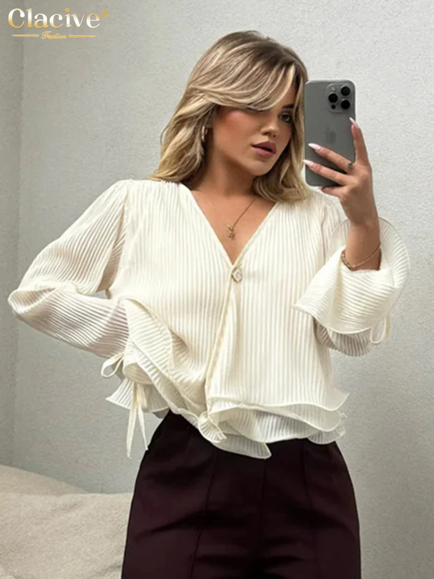 

Clacive Fashion Loose White Pleated Women Shirt 2026 Spring V-Neck Long Sleeve Shirts Elegant Classic Solid Top Female Clothing