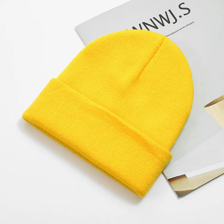 Fluorescent Pullover Light Board Knitted Beanie Hat Solid Color Cold Hat Customized Embroidery Logo Warm Ski Hat