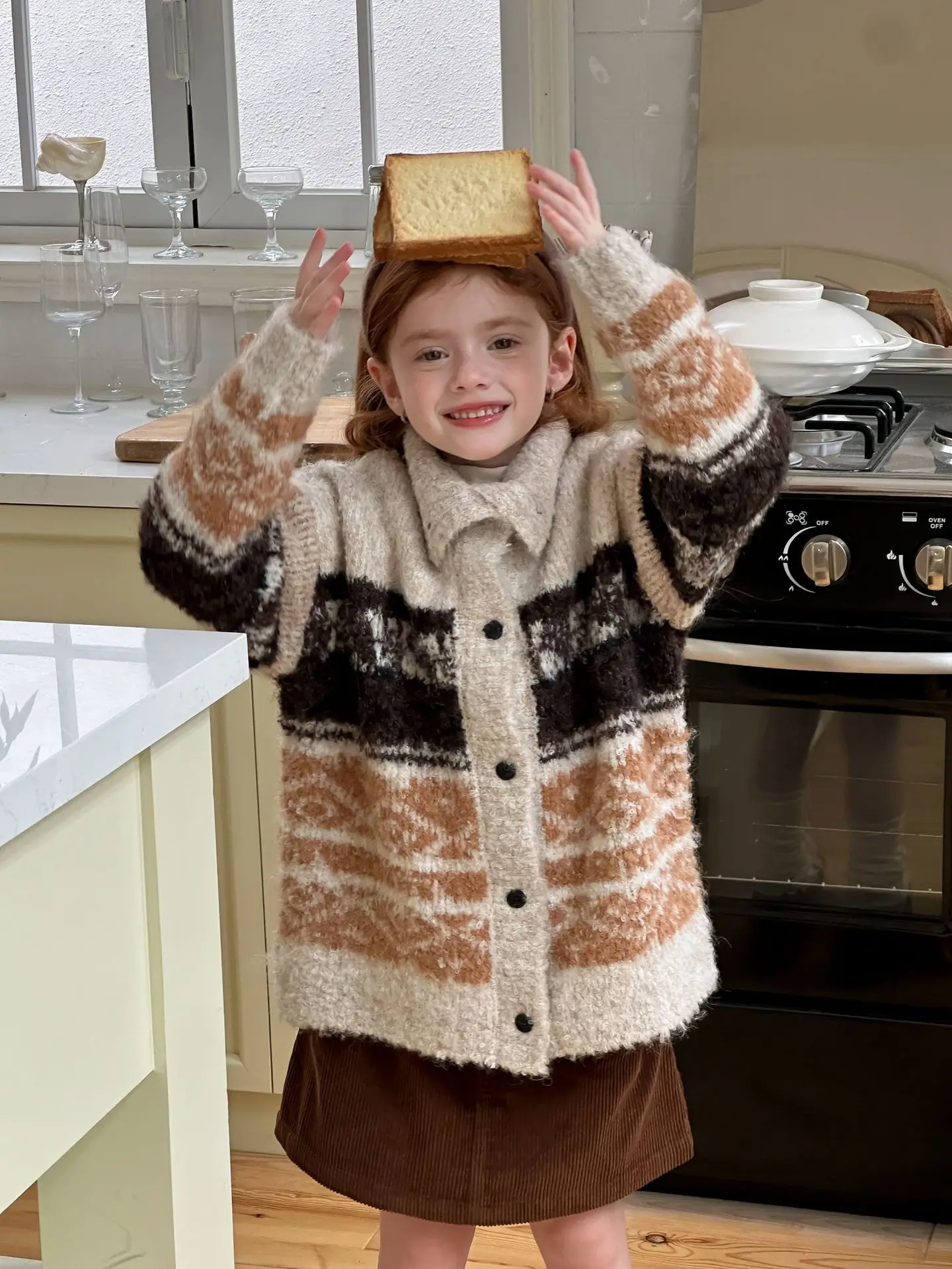 Girls Fair Island Sweater Cardigan 2025 Winter Lapel Loose Top American Lazy Style Contrasting Color Knitted Jacket