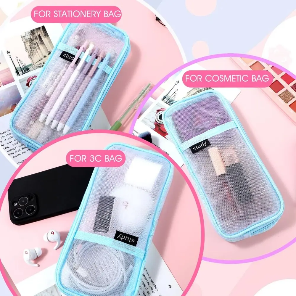 Large Grid Transparent Pencil case Clear Large Capacity Mesh Pencil Case Exam Special Multi-Purpose Travel Makeup Bag