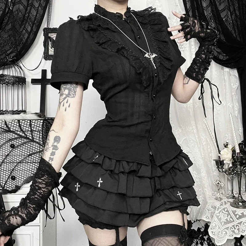 

Punk Gothic Tops & Tees Subculture Sexy Fit Lace Patchwork Shirt Summer Lace Hollow Out Girl Dark Versatile Top Tee Female New