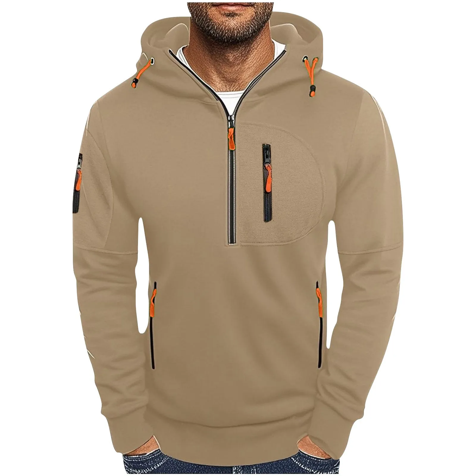 

Men's hooded Sport Casual Sweatshirt with Industrial style Loose Fleece Pullover Trendy Brand Zipper Multi-pocket Men's clothing