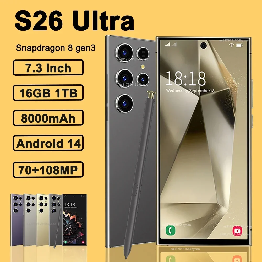 

NEW S26 Ultra Smartphone 7.3inch HD 5G Snapdragon 8Gen3 16GB+1TB Android 14 8000mAh 70+108MP Mobile phone Face Recognition