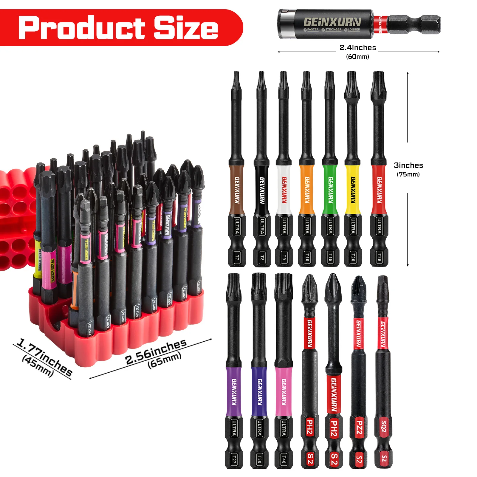 Geinxurn 33PCS Impact Screwdriver Bits Set, 3” Magnetic （Phillips/Square/Torx)S2 Steel Bits with Bit Holder & Soft Base