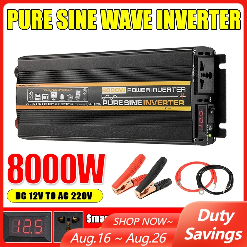 Onduleur à onde sinusoïdale pure avec prise universelle, convertisseur de tension DC à AC, 12V, 24V à 220V, 8000W, 6000W, 4000W, 3000W