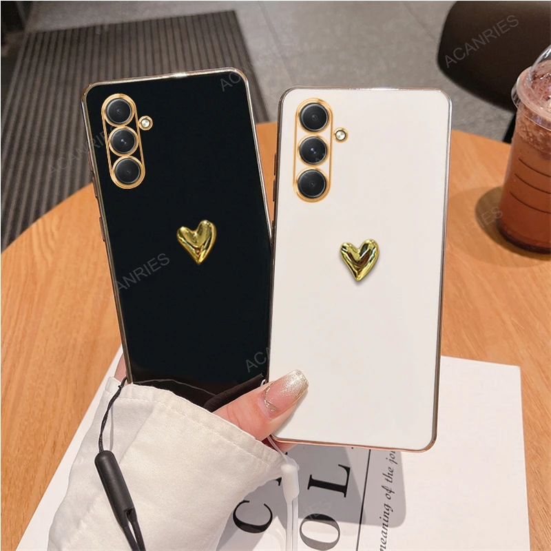 For Samsung Galaxy A25 5G A15 4G A05s A54 A34 A24 A14 A04s 3D Gold Heart Plating Silicone Soft Case A 25 15 54 34 24 14 Cover