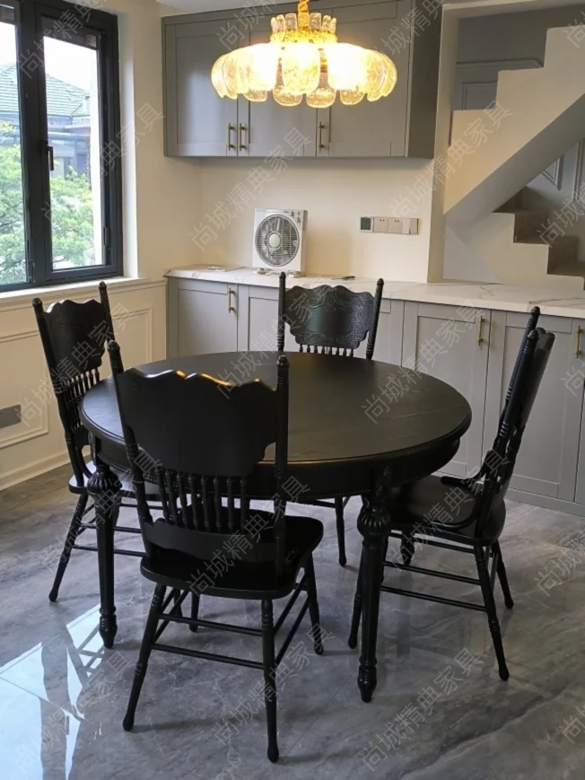 Black dining table and chairs small apartment Nordic casual simple round furniture customization