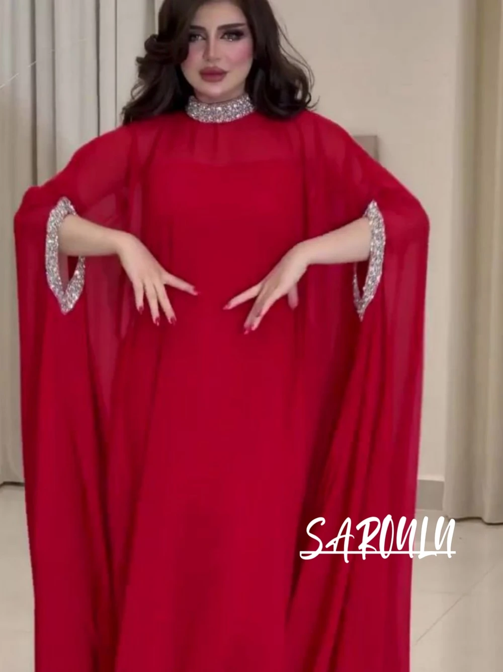 

Luxurious Chiffon Beaded Two Pieces Evening Dress Muslim Abaya Loose Formal Occasions Prom Gown 4 Colors Women Delicate Wear
