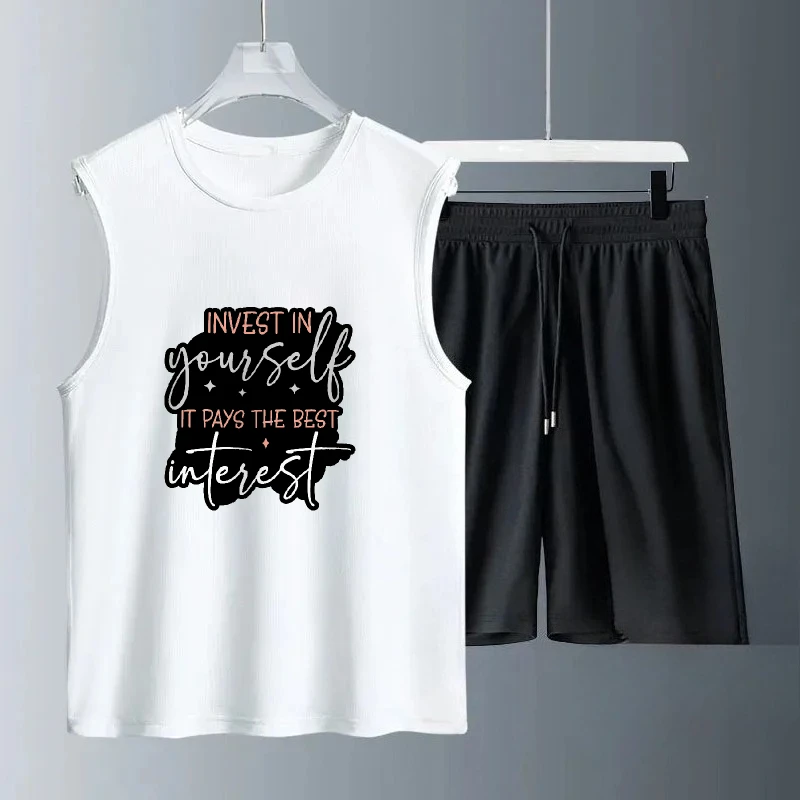 

2025 Summer Men's T-shirt Fitness Clothing Thin Quick Drying Vest Set + Shorts Set, Suitable for Fitness and Outdoor Activities
