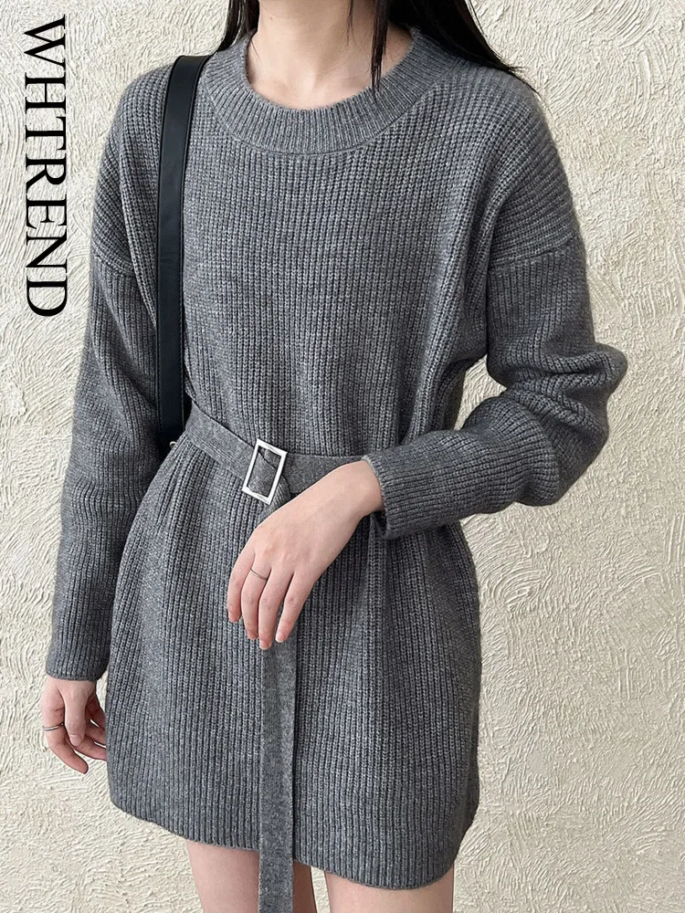 

WHTREND осень-зима новый элегантный свитер с застежкой на талии для женщин повседневный дизайн вязаный длинный пуловер одежда WH1805