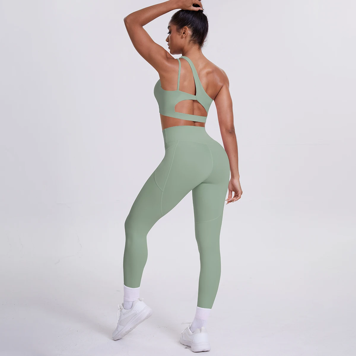 2-teiliges einfarbiges Sport-Yoga-Set für Damen, sexy, schräger Schulter-BH, Fitness-Top, Laufen, Radfahren, Taschen, Hosen, Fitnessstudio, Yoga-Set – Detail 18