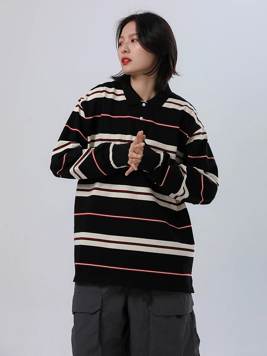 Stubborn Life Japan fashion Retro 320G Contrast Color Striped Cotton Casual Loose Lapel Long sleeve Polo Shirt