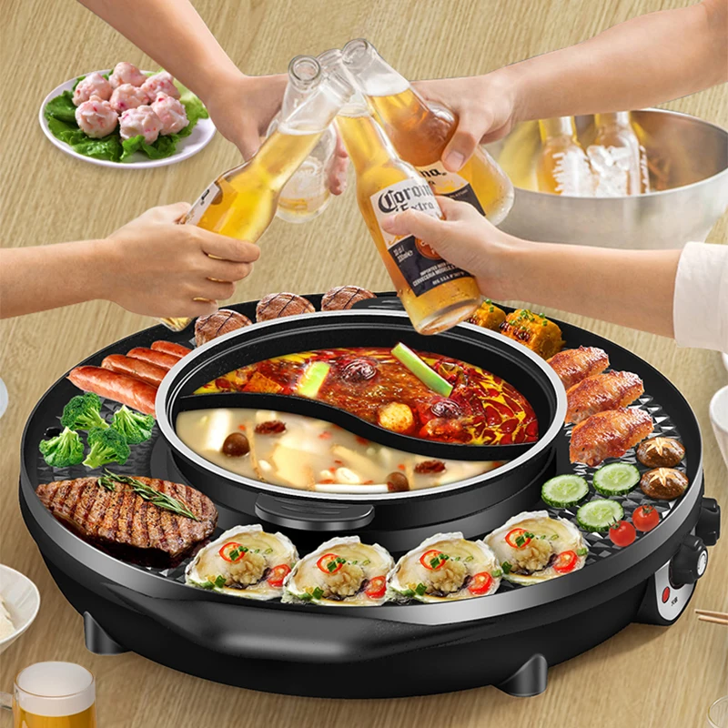 

3 in 1 Electric Hot Pot BBQ Grill 2300W Multifunction Portable Home Non-Stick Split Pot Smokeless Skillet Barbecue Pan