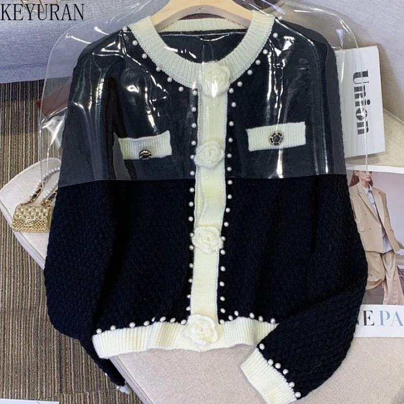 2023 New Autumn White Knitted Cardigans Sweater Women Korean Fashion Rose Flower Pears Beading Long Sleeve O-neck Sweaters Coat