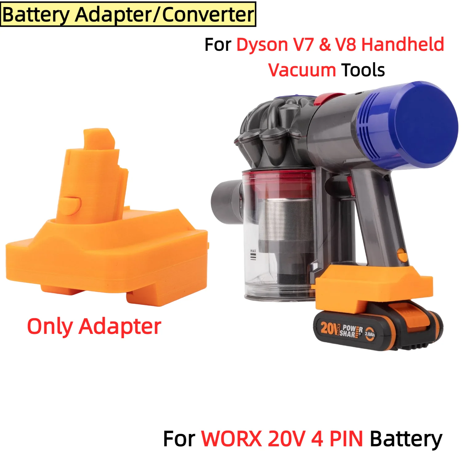 

Адаптер/преобразователь для литий-ионных аккумуляторов WORX 20V 4 PIN для ручных пылесосов Dyson V7 и V8 (только адаптер)