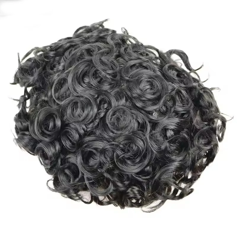 Herren-Toupet aus strapazierfähigem, braunem, 20 mm und 26 mm lockigem, 100 % Echthaar, feines Mono-Netz, Spitze, PU-Basis, Perücken, Haarprothesen-Systeme, Haarstücke – Detail 4