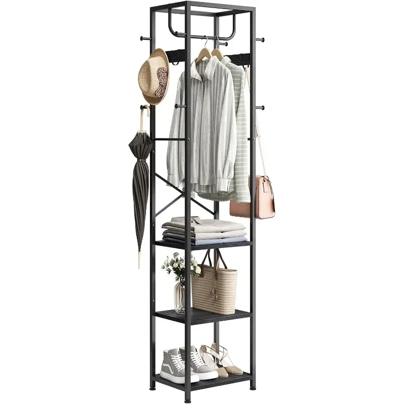 

Coat Rack Freestanding, Hall Tree with 3 Storage Shelves and 12 Hooks, Metal Clothes Rack Stand Organizer for Bedroom, Hallway