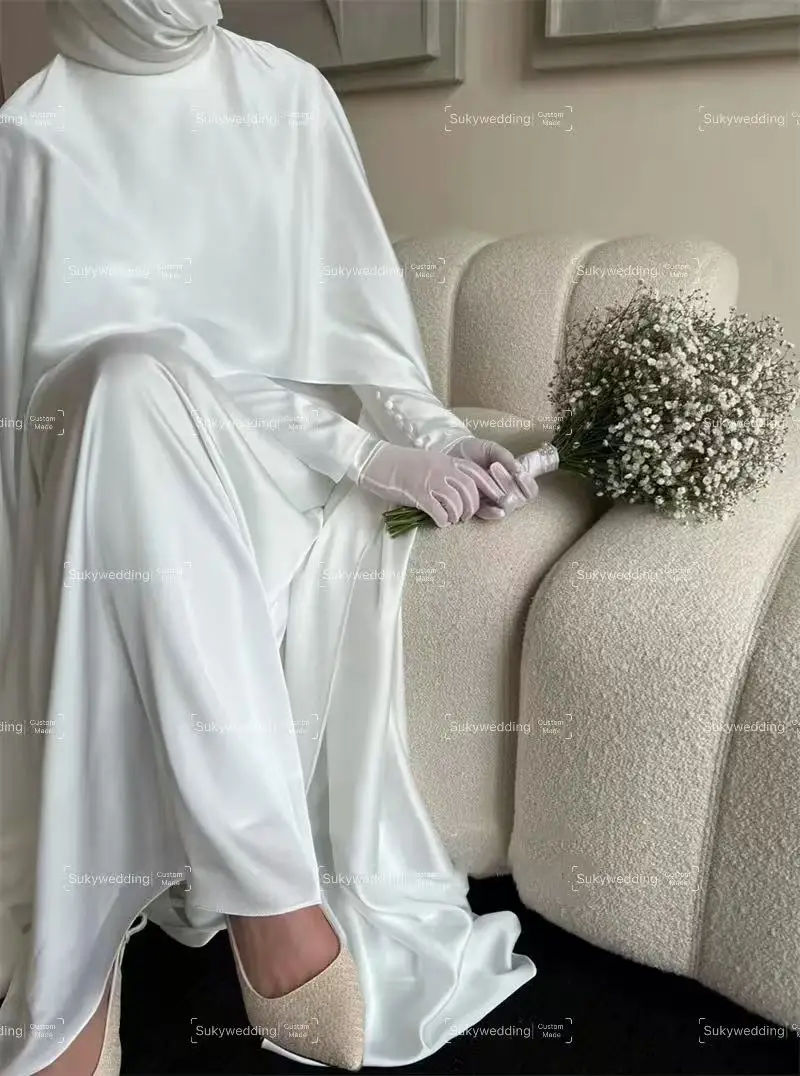 Abiti da sposa musulmani bianchi modesti personalizzati con abito da sposa a mantella con maniche lunghe Abiti da sposa civili da donna