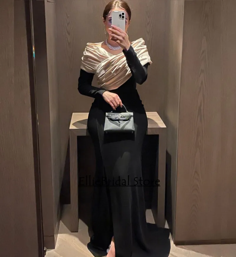 Modest Black Evening Dresse For Wedding Party Dress Off The Shoulder Mermaid Prom Dress Long Sleeves Dinner Gown Customized