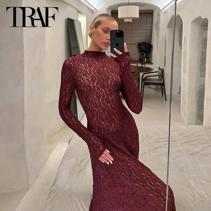 

TRAF Lace Long Dresses 2025 Women's Spring Slim Fit Midi Dresses Fashion Casual Elegant Party Evening Red Dresses Vestidos