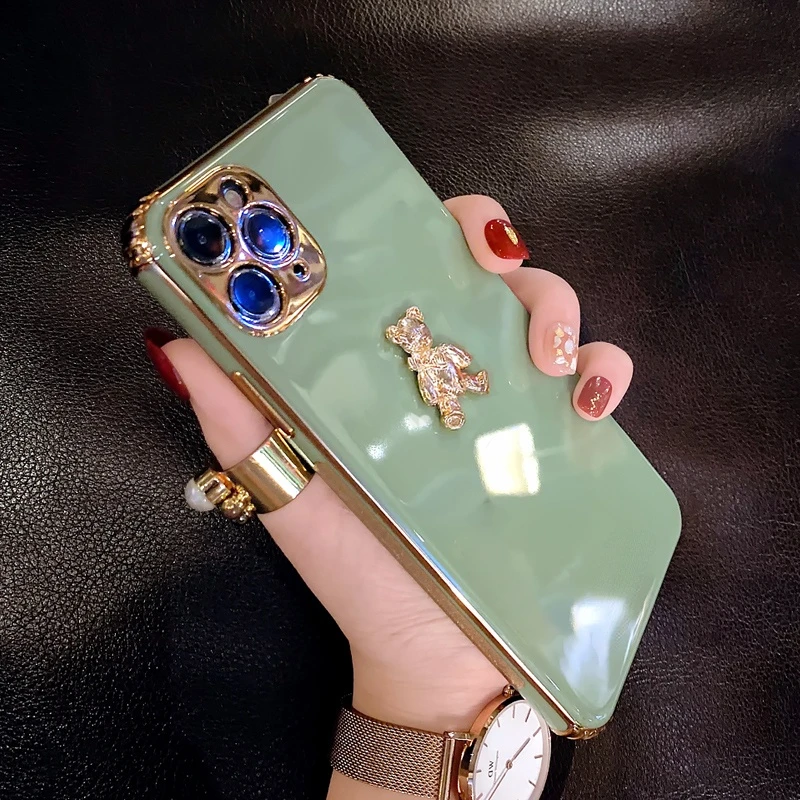 الفاخرة بريق المعادن ثلاثية الأبعاد الدب جراب هاتف آيفون 14 13 12 11 برو ماكس X XR XS 7 8 زائد SE2020 تصفيح بلينغ لينة غطاء سيليكون #3