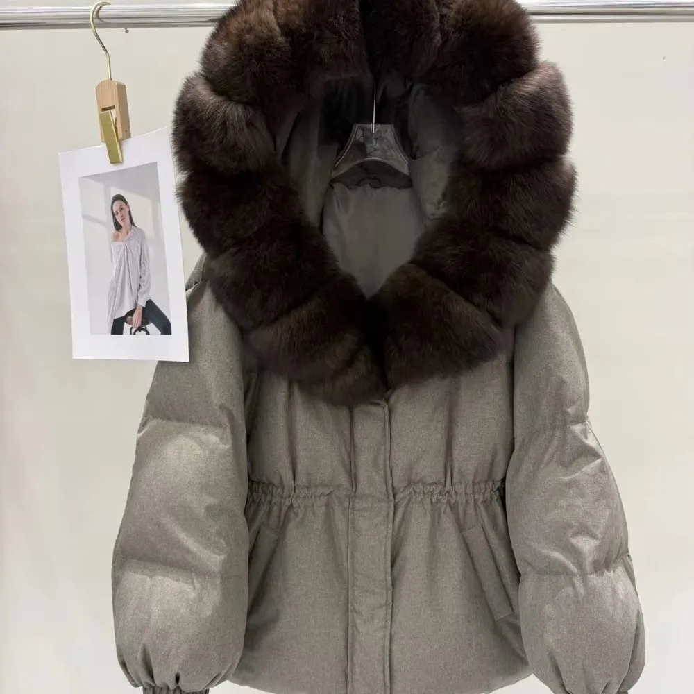 OFTBUY 90% White Duck Down Real Fox Fur Puffer Coat Drawstring Waist Winter Outerwear For Cold Weather Women Short Down Parka