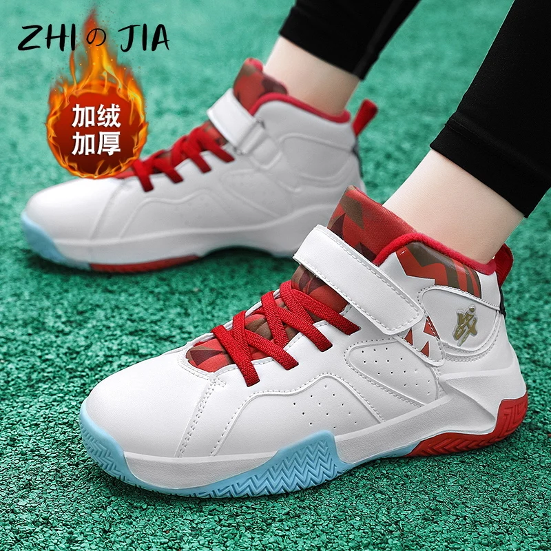 Winter New Children\'s Plush Basketball Shoes Outdoor Anti Slip Durable Warm Sneaker Boys Fashion Casual Matching Footwear 31-39