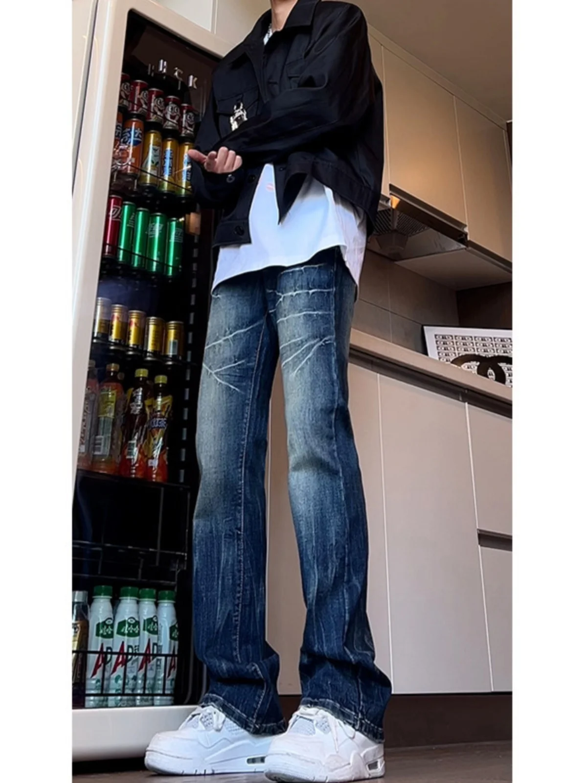 

Мужские джинсы Waed American Sle Cleanfit с узором в виде молнии, в стиле High Street, ретро, свободного прямого кроя, с эффектом похудения, модные