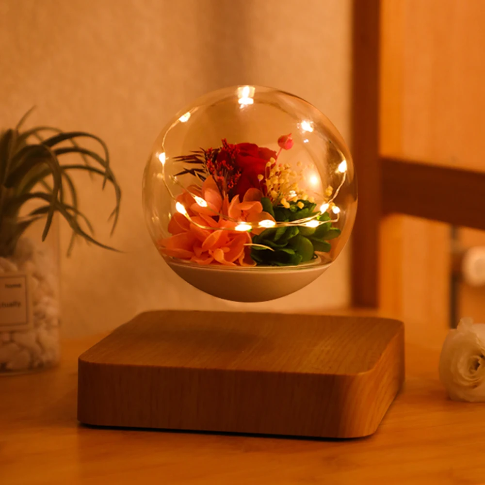 Magnetic Levitating Preserved Flower Rotation Flower Lamp Creative Floating LED Night Light For Home Desk Office Decoration