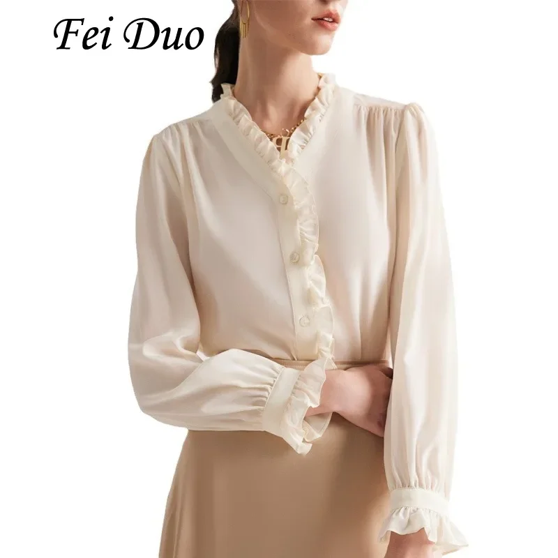 

2024 Women's Fashion Spring and Autumn New Style French 100% Natural Mulberry Silk Crepe De Chine White Commuting Lace Shirt