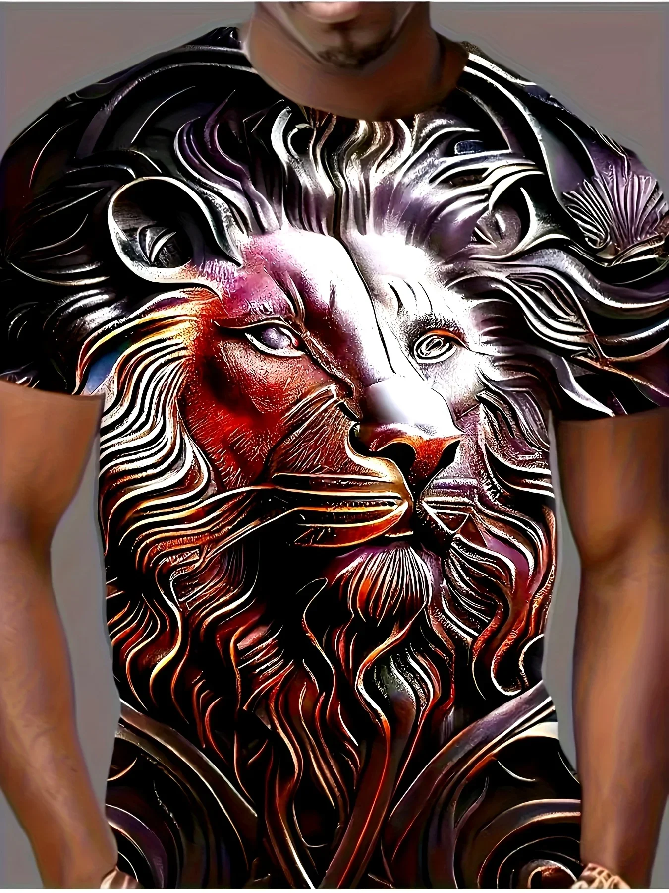 Men's 3D Embossed Lion Head Print T-Shirt Metallic Texture Wild Animal Luxury Crew Neck Top