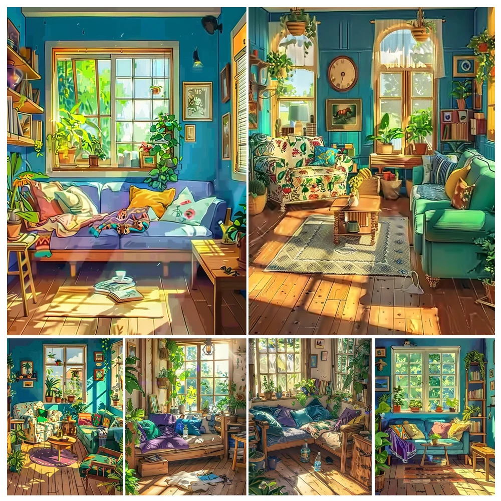 数字による手作りの絵画,イラスト,リビングルーム,バルコニー,暖かい太陽,風景,家の装飾,ギフト